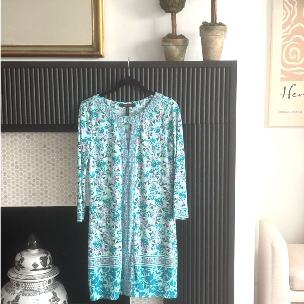 BCBGMAXAZRIA Avila Aqua Combo Floral Tunic Dress XS